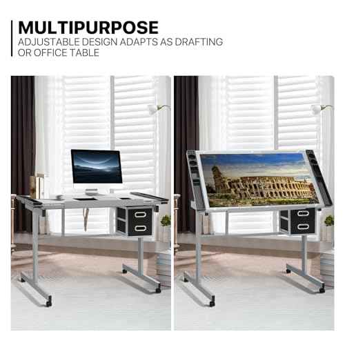 MoNiBloom Drafting Table on Wheels with Storage & Side Tray - Adjustable 0-65¡Æ Glass Tabletop, Replaceable Feet Art Desk