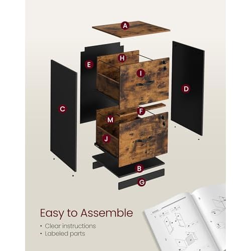 VASAGLE 2 Drawers File Cabinet with Lock, Printer Stand, Office Filing Cabinet Organizer, for A4 and Letter Size Documents, Rustic Brown and Ink Black UOFC061B01