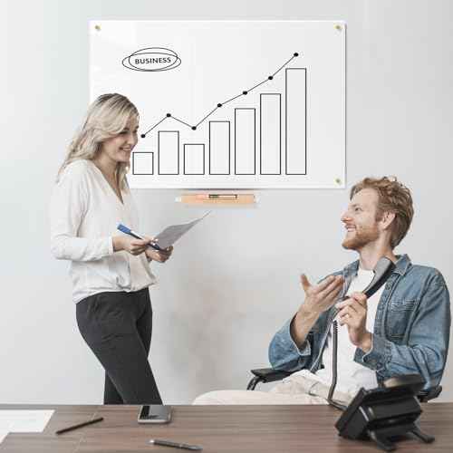 YEOUX Glass Dry Erase Whiteboard - 23x35 Ultra White Non-Magnet White Board for Wall with Wooden Based Floating Glass Marker Tray for Kitchen, Home and Office