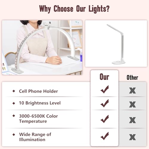 Half Moon Light for Nail Desk with Phone Holder, 29IN Folding Half-Moon Light with Shinning Diamond, LED Lamp for Nail Art, Eyelash Extension, Tattooing, Skin Management, Color Temperature 3000-6500K