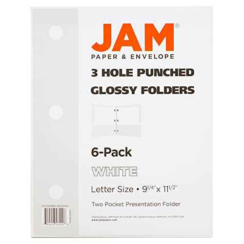 JAM PAPER Laminated Two Pocket Glossy 3 Hole Punch School Folders - Letter Size - High Gloss White - Bulk 25/Pack