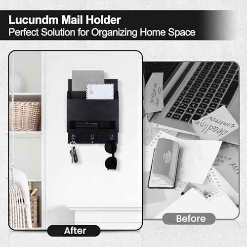 Key and Mail Holder for Wall, Key Holder with Chalkboard and Long Storage Box, Key Hanger with 3 Sturdy Hooks for Coat, Dog Leash, Entryway Mail Organizer (Black)