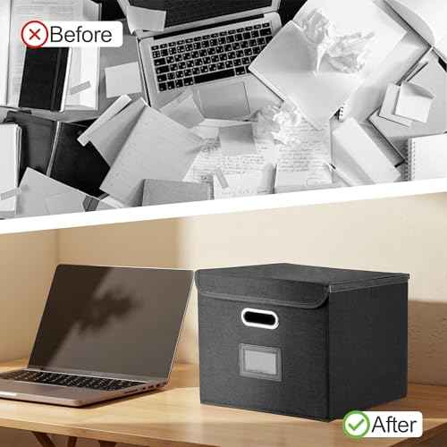 Collapsible File Box with Lid & Plastic Slide - Hanging Document Organizer for Office/Home, 14.96x12.6x10.83 Inch,Decorative Home File Bin,Black, 1 Pack (No Folders Included)