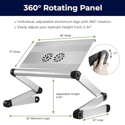 WorkEZ Executive Laptop Cooling Stand, Adjustable Desk for Bed, Foldable with 2 Fans & 3 USB Ports, Computer Lap Desk, PC Holder for Bed, Ergonomic Table Stand, Home Office Supplies, Silver