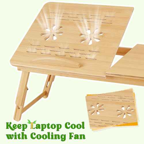 Bamboo Laptop Desk, Adjustable Foldable Bed Tray Table for Bed, Sofa, and Floor, Portable Lap Desk with Tilting Top & Drawer for Writing, Reading, Breakfast, Drawing, and Working