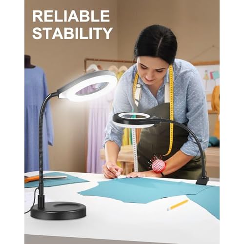 ?Flexible Gooseneck 2-in-1 Magnifying Glass with Light and Stand,10x & 5x Real Glass Lens Magnifying Lamp, 5 Color Stepless Hands-Free LED Desk Lamp with Clamp for Painting, Crafts, Reading (White)