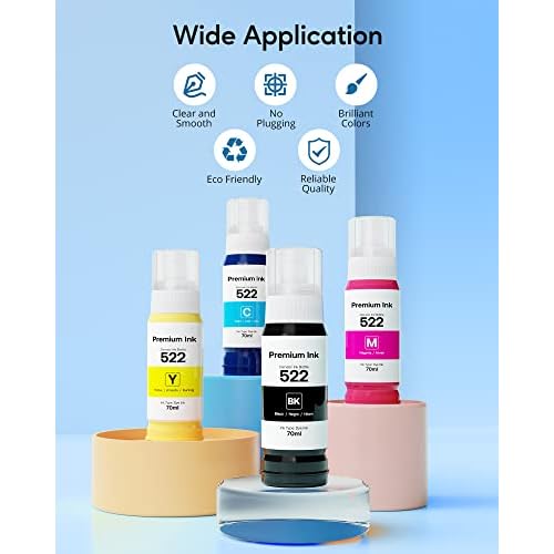522 High Capacity (5 Bottles) Refill Ink Bottle Replacement for Epson Compatible 522 Ink Refill Bottles (Not Sublimation Ink) Use for EcoTank ET-2803 ET-2800 ET-2720 ET-4800 Printer