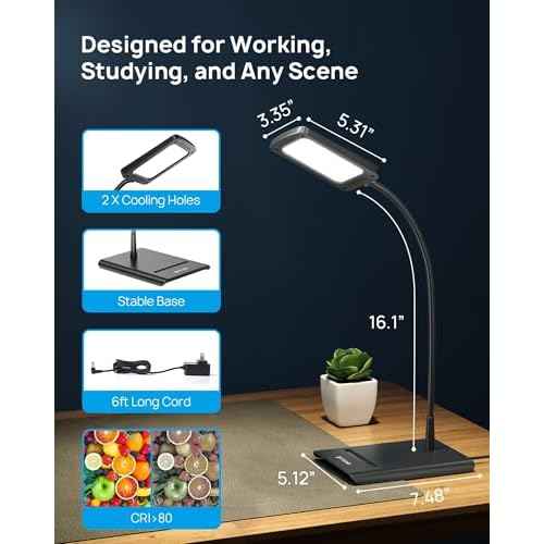 TROND Desk Lamp, Bright Dimmable Eye-Caring Table Lamp, 3 Color Modes 7 Brightness Levels, Flexible Gooseneck, Touch Control, Memory Function, Desk Light for Home Office Dorm Room Essentials
