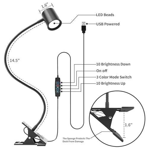 Dott Arts Desk Lamp,USB Clip On Light,Book Lights for Reading at Night,3 Color Modes,10 Brightness Clamp Lights,360¡Æ Gooseneck LED Reading Light for Books in Bed,Eye-Care for Home Office,Headboards
