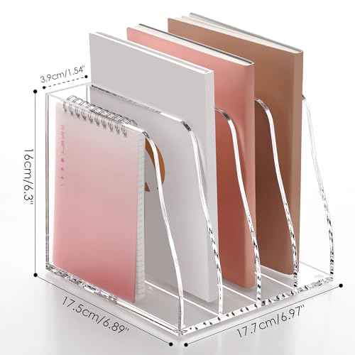 SANRUI Acrylic File Organizer, Compact Desk Organizer for Folders, Binders, Notebooks, Envelopes, Vertical Binder Storage Organizer, 4 Section Bookshelf for School Home Office Organization
