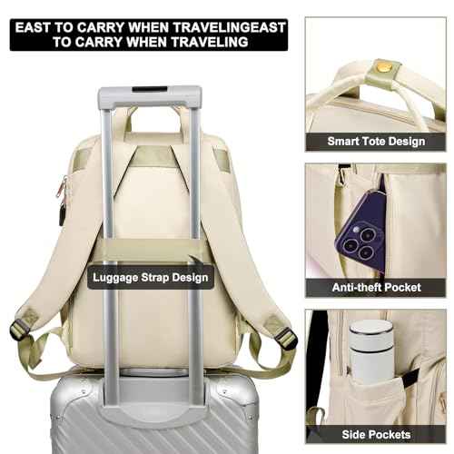 Lunch Backpack for Women, Water Resistant Insulated Cooler Lunch Bag, 15.6 inch Laptop Backpacks with USB Port, Picnic Backpack with Lunch Box, for College Work Camping Beaches, Beige