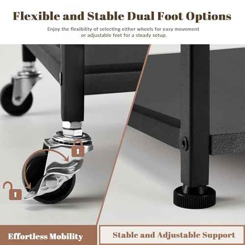 Printer Stand - Large 3 Tier Printer Table with Adjustable Storage Shelf - Rolling Cart with Wheels -Stable Desk for Home Office Use (Black)