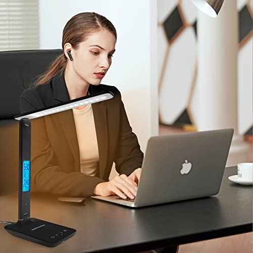 Desk Lamp with Wireless Charger£¬USB Charging Port, Dimmable Office Desk Light with Clock, Alarm, Date, Temperature, Foldable Lamp for Table Bedroom Bedside Office (Black, Standard Size-13.3 inch)