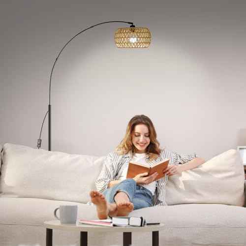 RGB Arc Floor Lamp with 3 Color Temperatures, Dimmable Rattan Boho Standing Lamp, APP and Remote Control, Modern Tall Lamp for Reading, Living Room, Bedroom, Office, Black