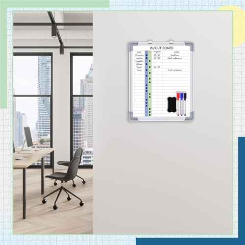 Lincia in and Out Magnetic Dry-Erase Board 16" x 12" Aluminum Framed White Board with Lines 21 Names with Magnetic Dry-Erase Marker, Eraser, and 20 Magnets Wall-Mounted for Office Employee
