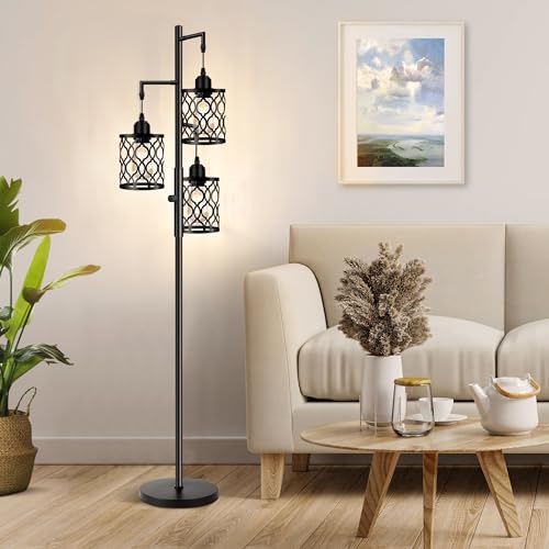 Dimmable Farmhouse Floor Lamp, Industrial Floor Lamp for Living Room with 3 X 6W LED Bulbs, 3 Light Rustic Standing Tall Lamp for Bedroom, Office, 68"