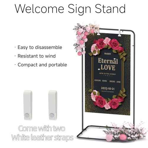 Wedding Sign Holder,Adjustable Welcome to Our Wedding Sign Stand with 2 Pack Leather Hanging Straps Heavy Duty Easel Rack Seating Chart Metal Stand for Birthday Party Baby Shower Graduation Ceremony Decoration,Black