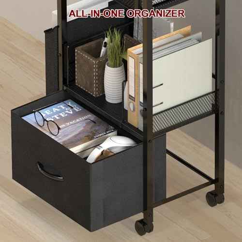 Mobile 3-Tier Printer Stand with 2-Drawer File Cabinet, 24 Extended Desktop & Lockable Wheels, Adjustable Rolling Cart for Home Office Storage (Black)