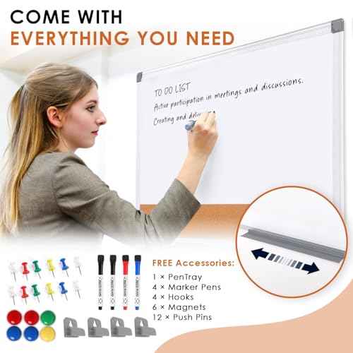 S SWANCROWN Dry Erase Board Cork Board Combo, Magnetic White Board and Bulletin Pin Board Combination,Hanging Wall Mounted Vision Board for Home, School, Office,Silver Frame,24"x18"