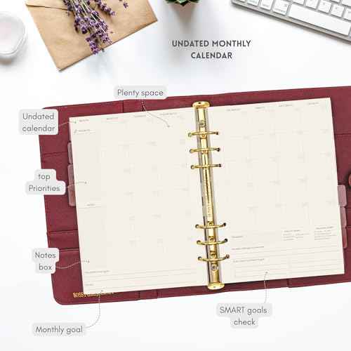 Bossy Girl Journey - A5 Daily Planner Binder ? Undated Time Blocking Refillable Organizer for Women with 110gsm Paper, PU Leather Cover, Stickers, Dividers, Pen Loop, Gift Box ? Goal Setting & Productivity (Granate)