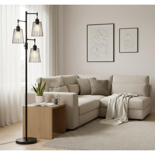 PESRAE Dimmable Industrial Floor Lamp, Farmhouse Floor Lamp Standing Lamp with 3 Elegant Teardrop Cage Heads & Included 3 x 1200LM Edison LED Bulbs, Tall Lamp for Living Room, Bedroom (Matte Black)