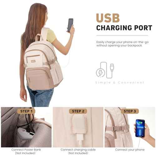 Backpack for School Girls, Cute High School Backpacks for Teens Women Student Large Bookbag 15.6 Inch Laptop Bag with USB Charger Port for College Work Travel Trip (Khaki Beige)