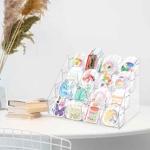 Sticker Display Stand for Vendors - 4 Tier 16 Pockets Acrylic Sticker Holder Display For 4'' Large Stickers, Sticker Organizer Shelf Ideal for Small Business Supplier Events and Trade Shows
