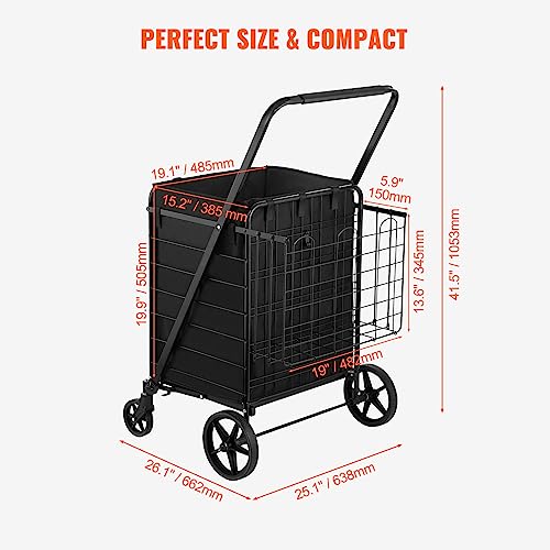 VEVOR Folding Shopping Cart with Removable Waterproof Liner, 210LBS Large Capacity Jumbo Grocery Cart with Dual Basket, 360¡Æ Swivel Wheels, Dense Metal Mesh Base, Heavy Duty Utility Cart for Shopping