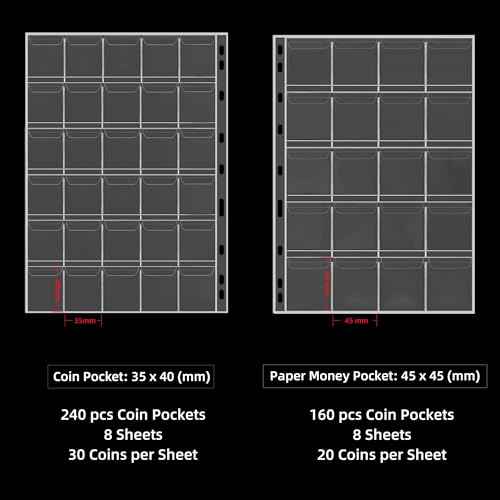 5200¢µ Coin Collection Album with Lock, 400 Pockets Fireproof Coin Book & 36 Paper Currency Binder Sleeves, Coin Holder with Aluminum Foil Lining, Collecting Organizer for Pennies,Bill,Stamps,Badges