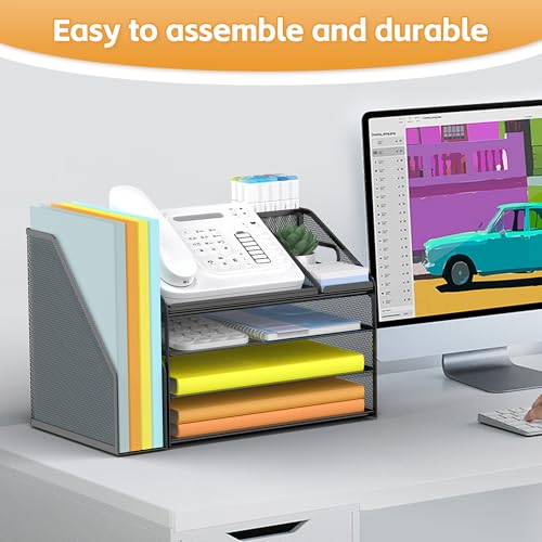 DocNest 4 Tier Paper Letter Tray File Organizer, Mesh Desk File with Handle, Workspace Desk Organizers with Pen Holder, Office Organization Storage Accessories - Black