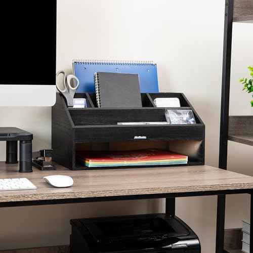 Mind Reader Desk Organizer, File Storage, Accessory Holder, Cord Management, Office, Wood, 16.25" L x 9.5" W x 8.5" H, Black