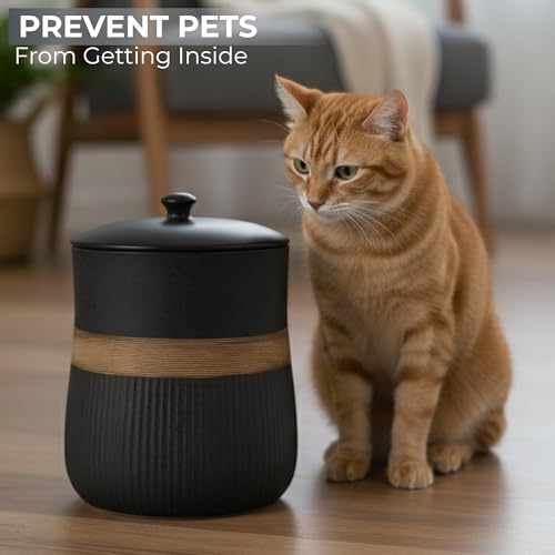 Escenzy Black Bathroom Trash Can with Lid 5L | 7" x 10" | Decorative Small Garbage Can | Modern Ceramic Waste Basket for Bathroom, Bedroom, Kitchen, Hotels or Living Room Decor | Luxe Restroom Decor