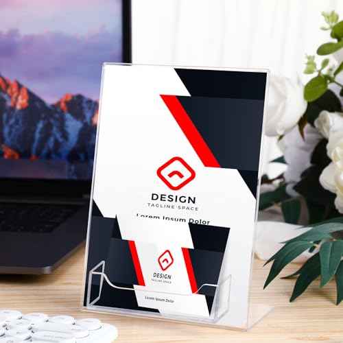 Crtiin 6 Pcs 5 x 7 Inch Acrylic Slanted Sign Holder with Business Card Holders Clear Display Stand Flyer Stand with Gift Card Holder for Office Table Advertisement Brochure