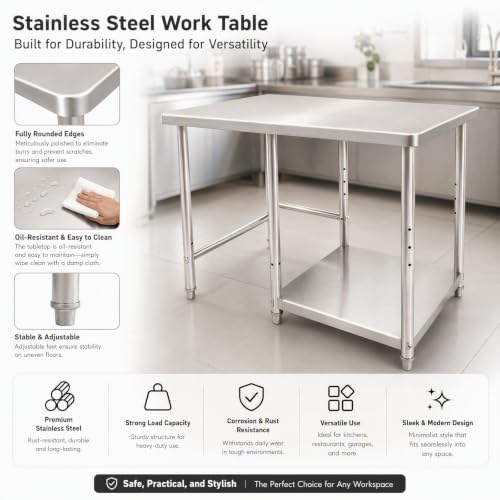 Stainless Steel 40x24 Inch Work Table with Under Shelf – Heavy Duty Commercial Kitchen Prep Table