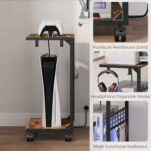 PC Stand, Computer Tower Stand with Charging Station, 16.9"W x 11.4"D x 27.6"H, Computer Cart with Wheels and Hooks, CPU Holder for Carpet, Floor and Under Desk, Easy Assembly, Rustic Brown