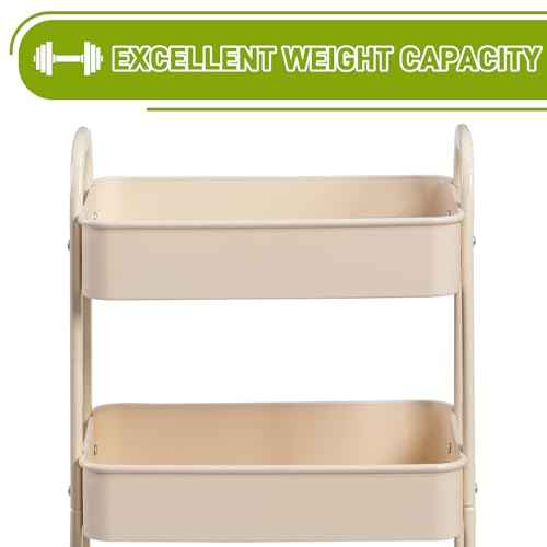 AGTEK 3-Tier Rolling Carts with Wheels, Rolling Utility Cart with Iron Frame for Kitchen, Plastic Shelves, Living Room, Office, Beige