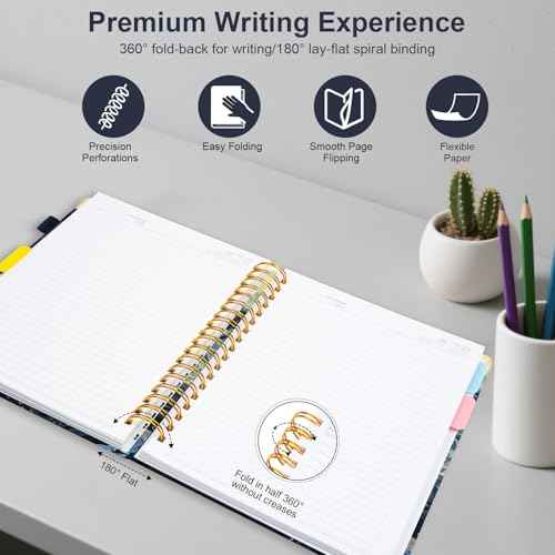 Spiral Journal Notebook for Work, 300 Pages 5 Subject Notebook College Ruled with Dividers & Tabs, 8''x 10'' Large Cute Notebooks Journal for Women Students Note-Taking and Organizer (Navy Marble)