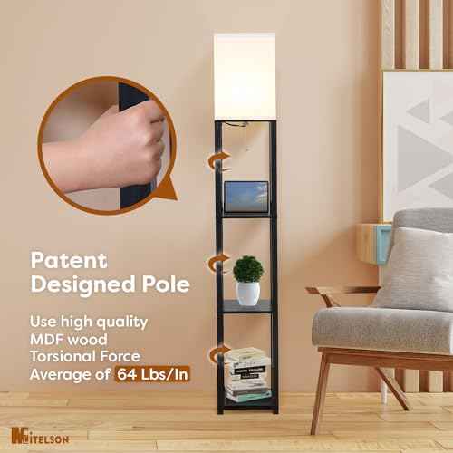 Floor Lamp with Shelves and USB, USB-C & Power Outlets, Shelf Lamp with Charging Station, Modern Square Lamps for Living Room, Standing Floor Lamp for Bedroom and Office, Tall Lamp, Black