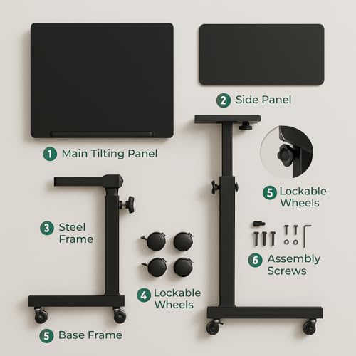 Adjustable Sit & Stand Desk ? Rolling Laptop Desk with Lockable Wheels, Portable Standing Computer Table for Home Office, Small Space Workstation with MDF Top & Steel Frame, Modern Black