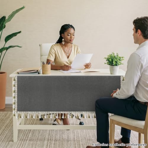 HolyMaji 48" Linen Under Desk Privacy Panel with Tassel Border – Self-Adhesive Modesty Screen (Grey)