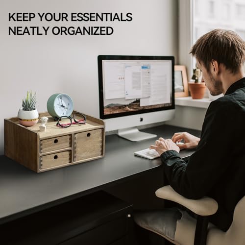 KIRIGEN Desk Organizer with 3 Drawers - Wood Drawer Storage Box with Trays for Tabletop - Workspace Office Toiletries Supplies Tool Caddy - Wooden Storage Cabinet1 Layer Dark Brown£¨DT1D3C-DBR£©
