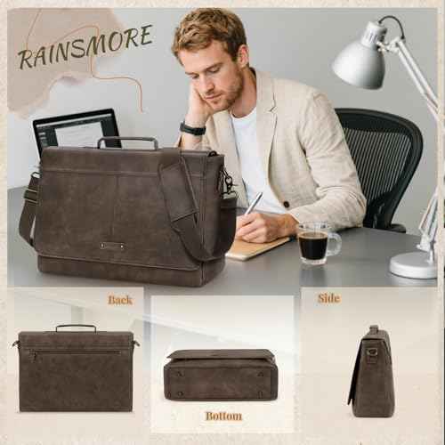RAINSMORE Vintage Flap Messenger Bag for Men PU Leather Laptop Bag 15.6 Inch Mens Briefcase Waterproof Satchel Computer Bag