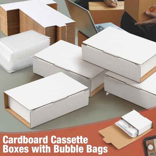 Marspark 50 Pcs Cassette Mailers Cardboard Cassette Boxes with Sealing Bubble Protective Bags, Single Easy-fold Mailers Set, Suitable for Transportation, Storage and Collection(White)