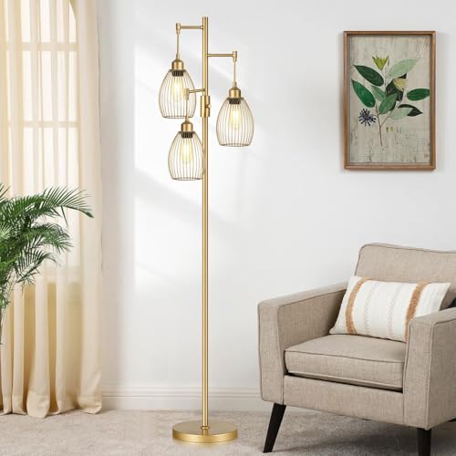 Torondo Gold Dimmable Industrial Floor Lamp with Teardrop Cage & 800 Lumens LED for Living Room & Bedroom