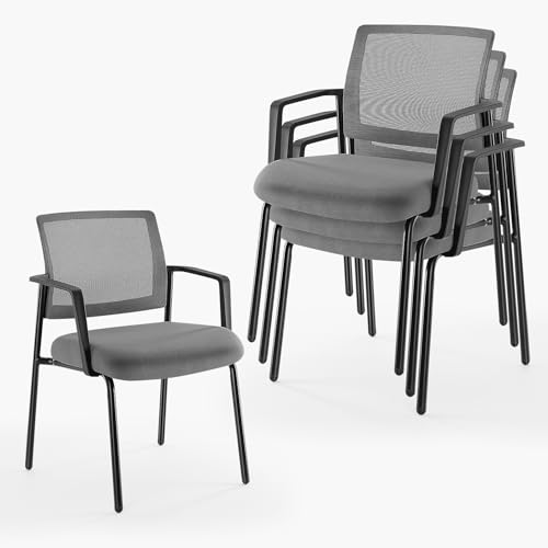 DUMOS Grey Stackable Arm Chairs with Mesh Back and Upholstered Fabric, Sturdy Metal Frame, Easy to Store and Use, Perfect for Indoor and Outdoor Spaces, 1 Chair