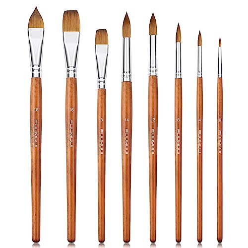 Sable Watercolor Brushes Professional, Fuumuui 8Pcs Sable Brush Set Variety Shapes with Flat, Round Pointed, Liner, Cat's Tongue Oval Wash Perfect for Watercolor Acrylic Gouache Inks Painting