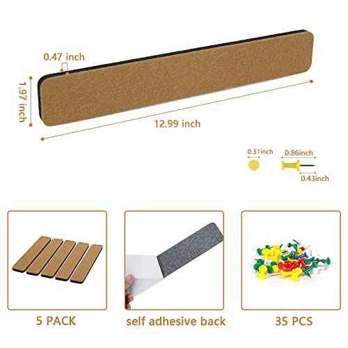 Felt Pin Board Bar Strips Bulletin Board for Bedrooms Offices Home Wall Decoration, Notice Board Self Adhesive Cork Board with 35 Push Pins for Paste Notes, Photos, Schedules