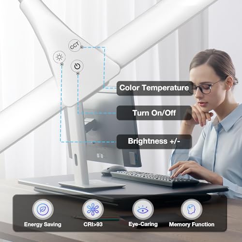 LED Desk Lamp, 31.5'' Wide Double Head Desk Lamps for Home Office, Dimmable 25 Lighting Modes 16W 1800lm Bright Desk Lighting, Eye Caring Architect Table Lamp for Workbench Monitor Study, White