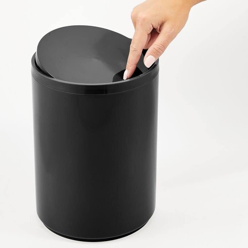 mDesign Plastic Small Slim Round 1.7 Gallon/6.5 Liter Trash Can with Removable Swing Lid - Wastebasket, Garbage Container Basket Bin for Master/Guest Bathroom - Holds Rubbish/Recycle - Black