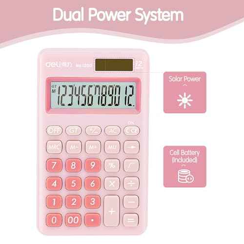 Deli Standard Function Basic Calculator, 12 Digit Desktop Calculator with Large LCD Display, Solar Battery Dual Power Office Calculators, Pink